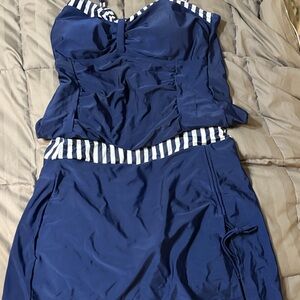 Navy Blue Striped Swimsuit Set